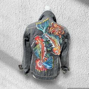 Chicos platinum Black denim handpainted KOI fish sz 1 (MD 8) jean jacket OOAK